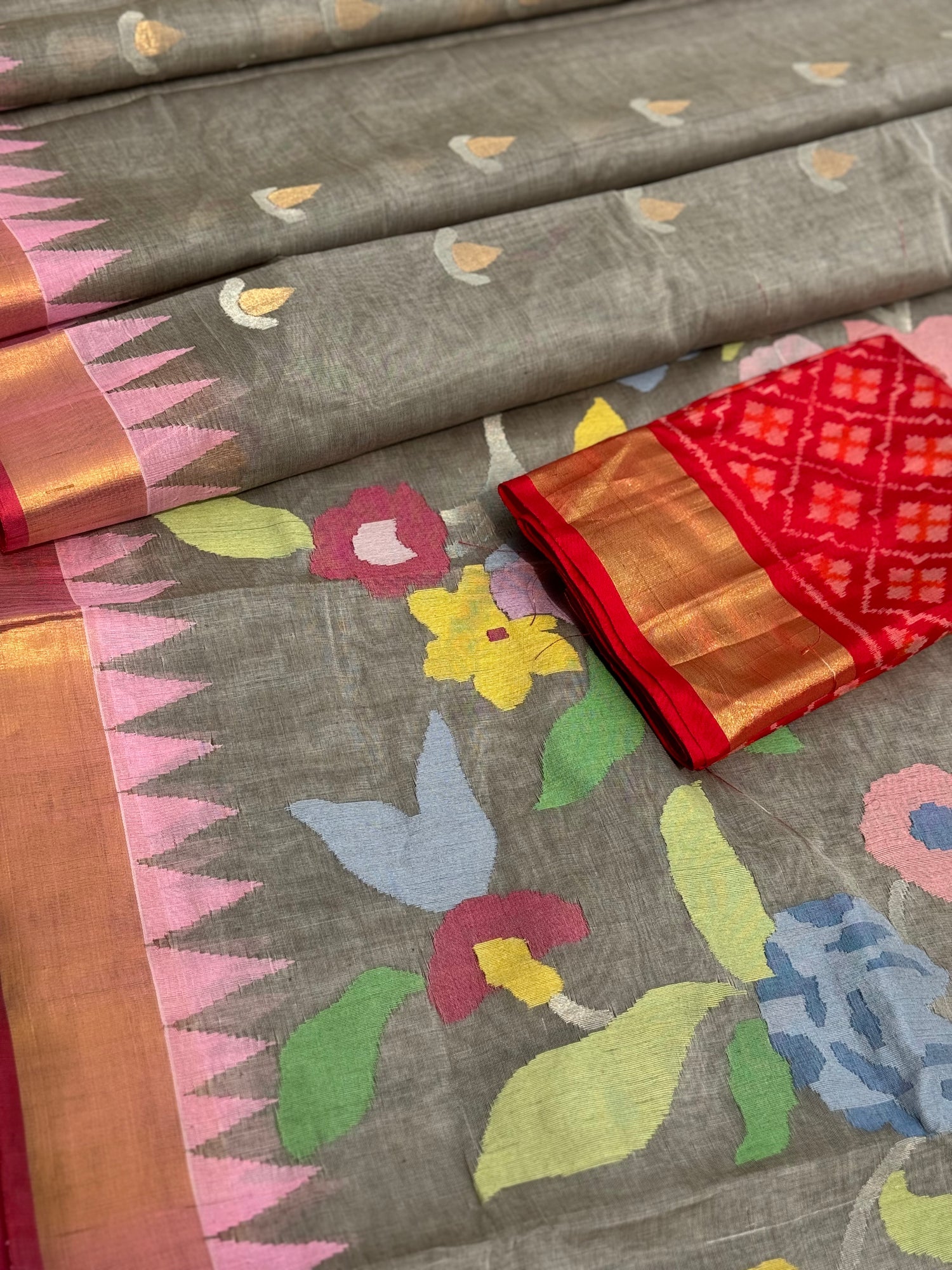 Grey with red Handspun Ponduru Khadi cotton saree pallu and blouse full jaal jamdani saree