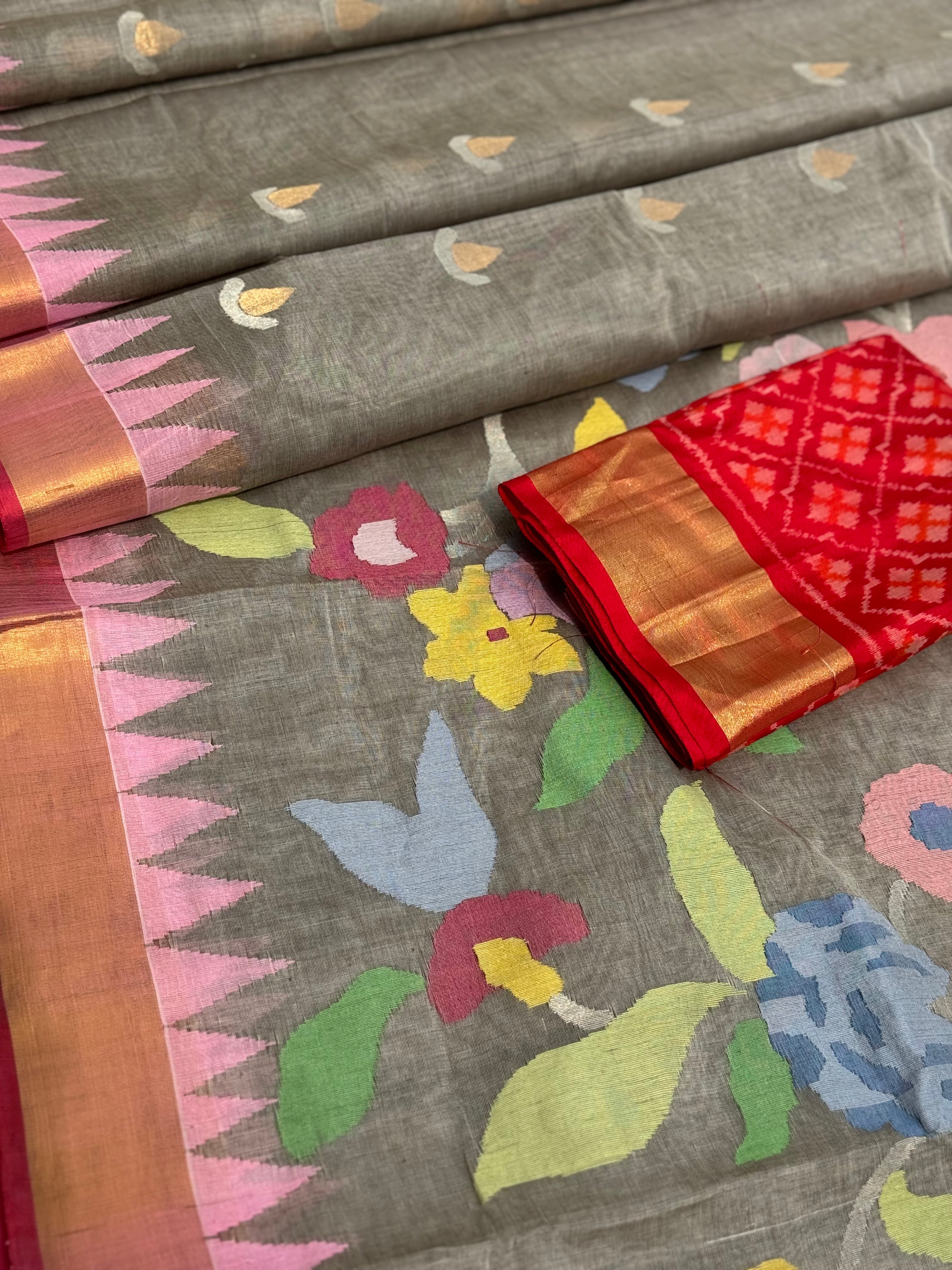 Grey with red Handspun Ponduru Khadi cotton saree pallu and blouse full jaal jamdani saree