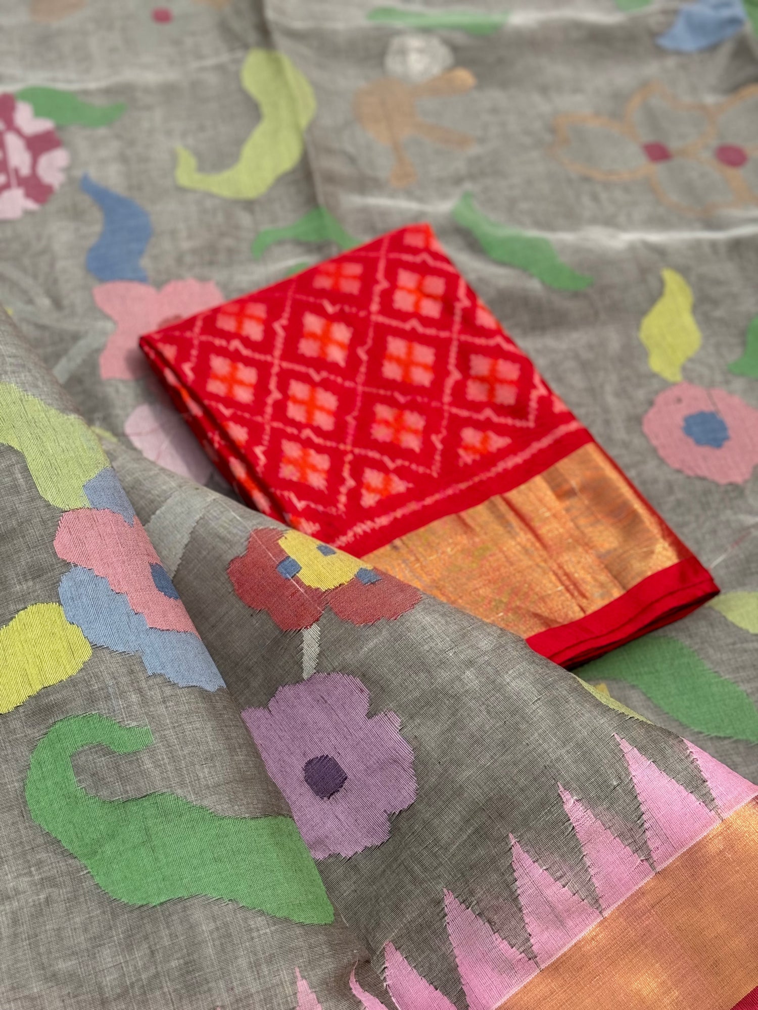 Grey with red Handspun Ponduru Khadi cotton saree pallu and blouse full jaal jamdani saree