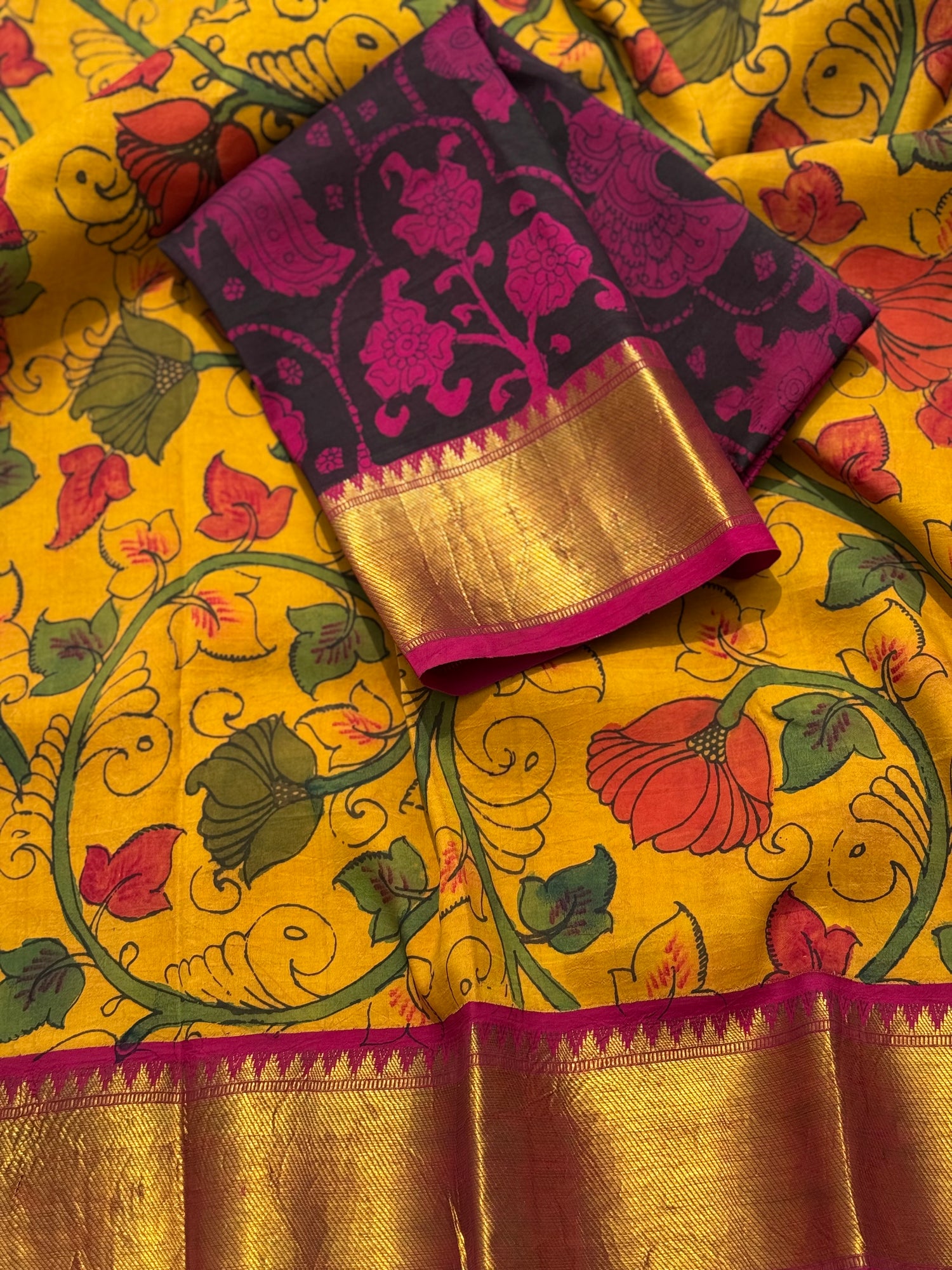 Complete Hand Drawn And Hand Painted Penkalamkari In korvai Kanchivaram Silk Saree
