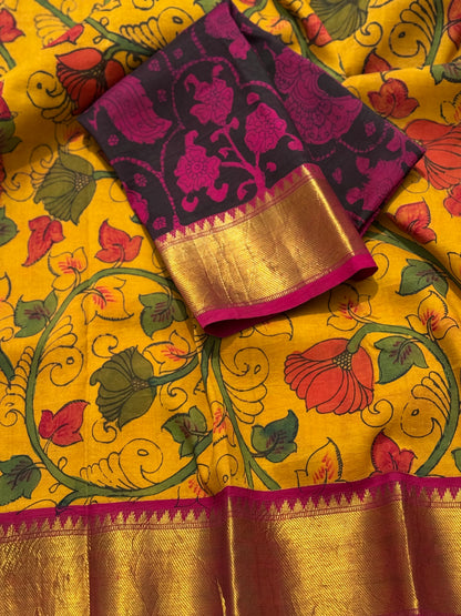 Complete Hand Drawn And Hand Painted Penkalamkari In korvai Kanchivaram Silk Saree
