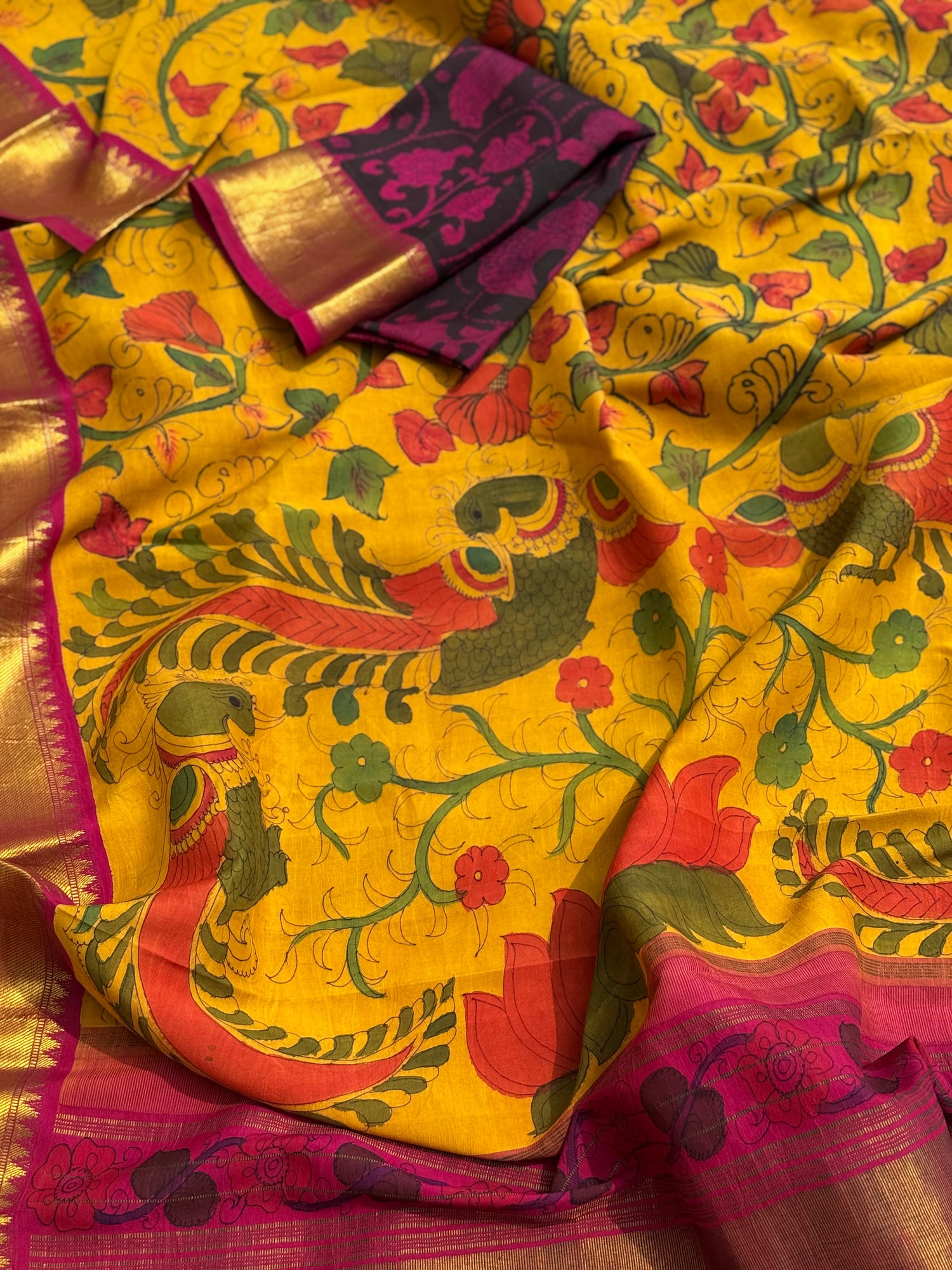 Complete Hand Drawn And Hand Painted Penkalamkari In korvai Kanchivaram Silk Saree