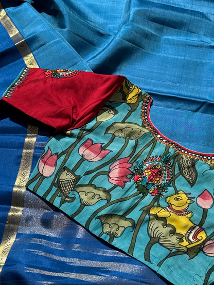 The classy peacock blue with red white silk penkalamkari blouse