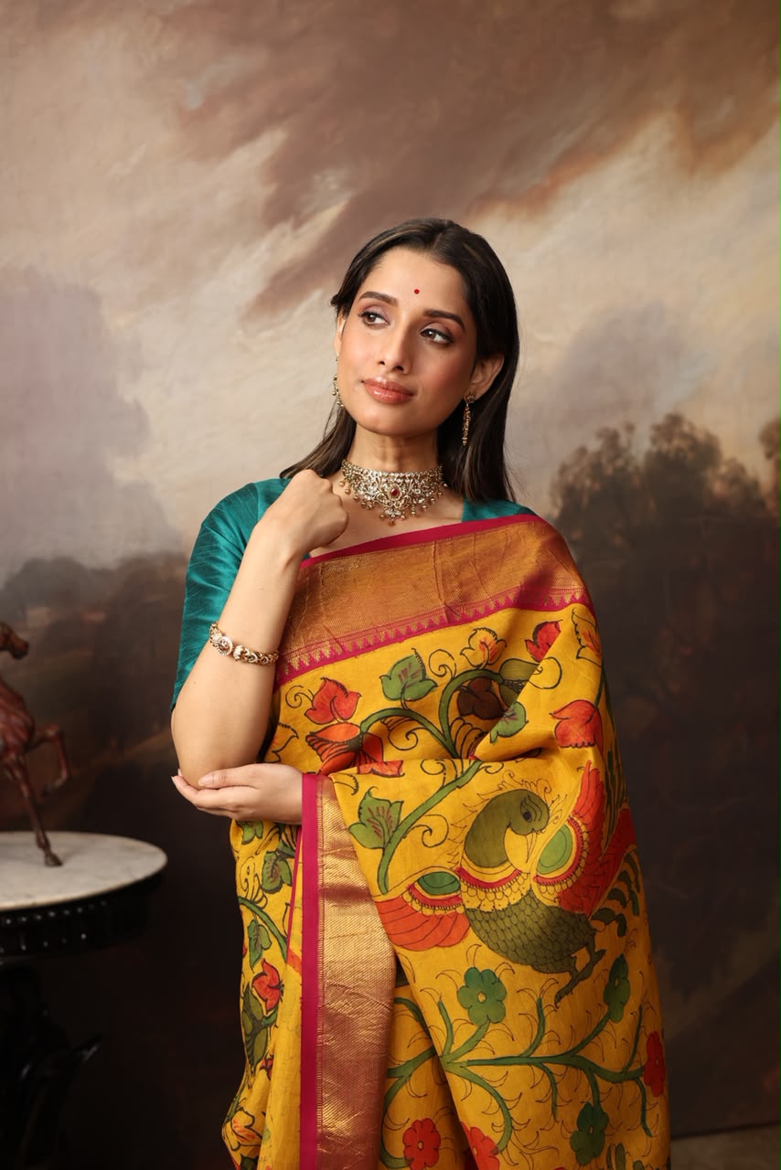 Complete Hand Drawn And Hand Painted Penkalamkari In korvai Kanchivaram Silk Saree