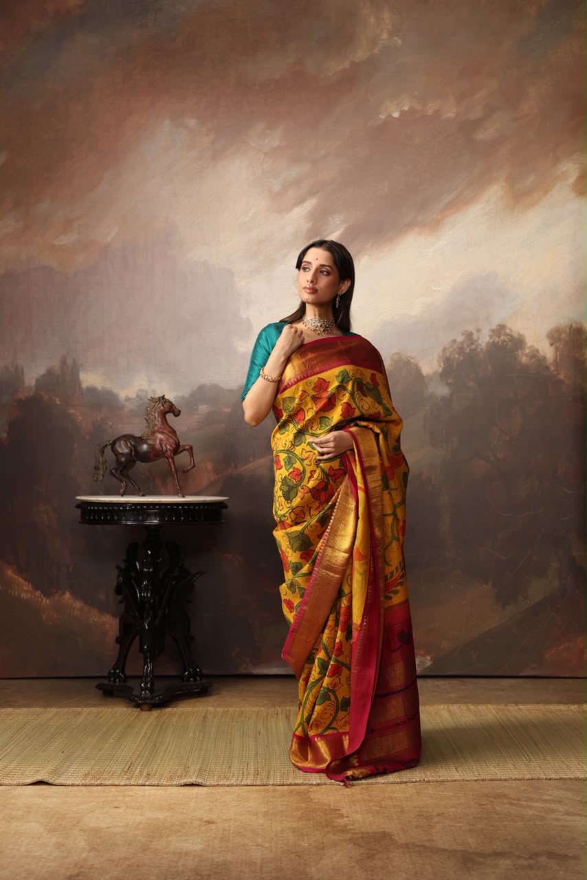 Complete Hand Drawn And Hand Painted Penkalamkari In korvai Kanchivaram Silk Saree