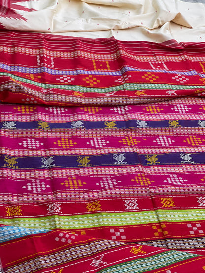 An elegant Berhampuri patta Silk saree from Odisha in Pearl white