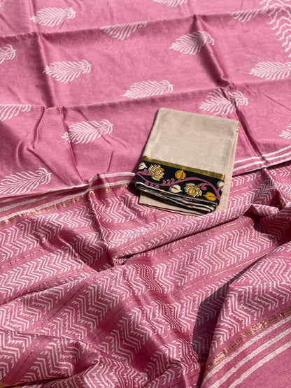 Chanderi Silk cotton hand block printed saree with striped zari border