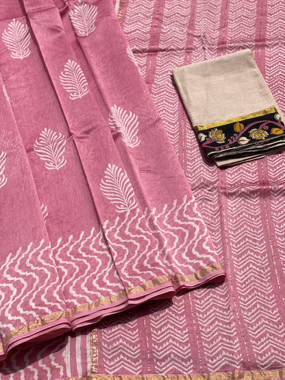 Chanderi Silk cotton hand block printed saree with striped zari border