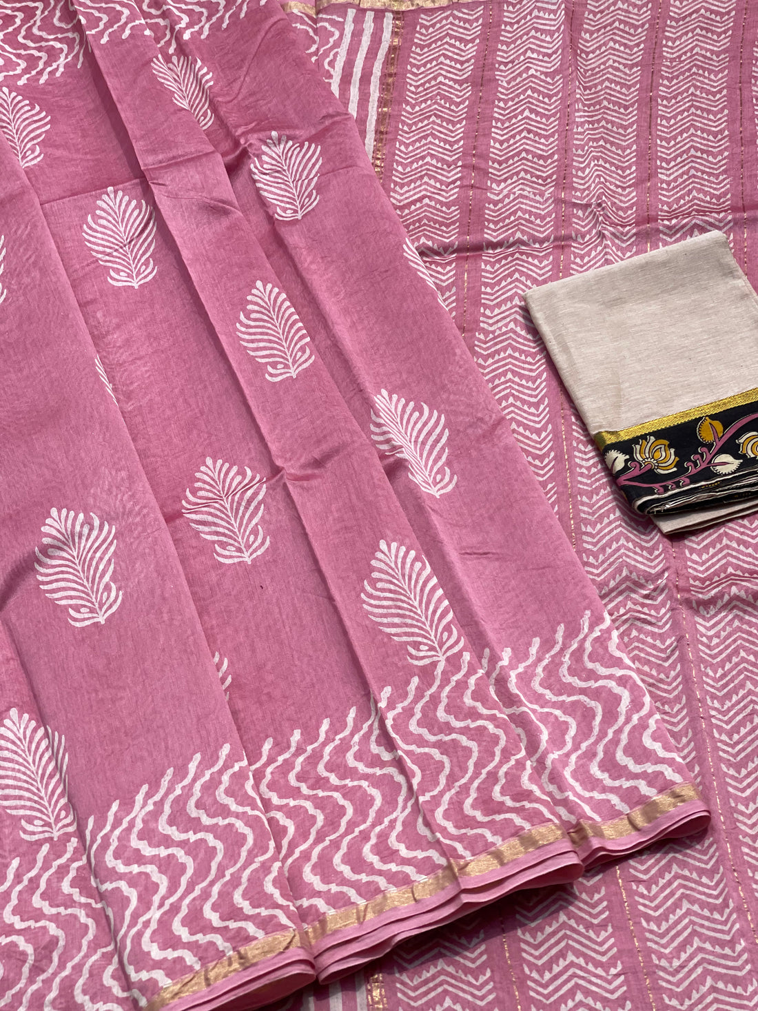 Chanderi Silk cotton hand block printed saree with striped zari border