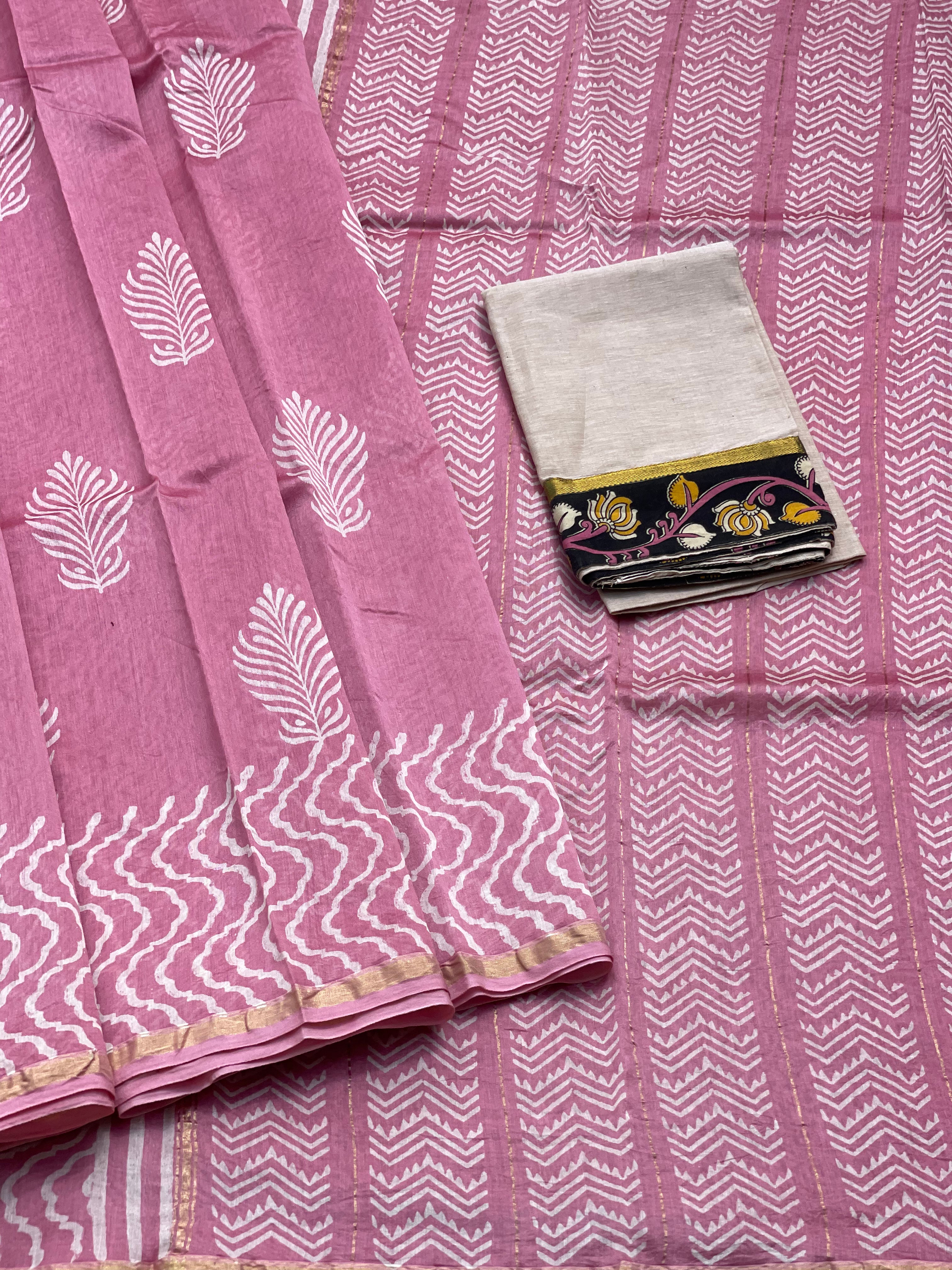 Chanderi Silk cotton hand block printed saree with striped zari border