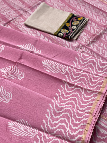 Chanderi Silk cotton hand block printed saree with striped zari border