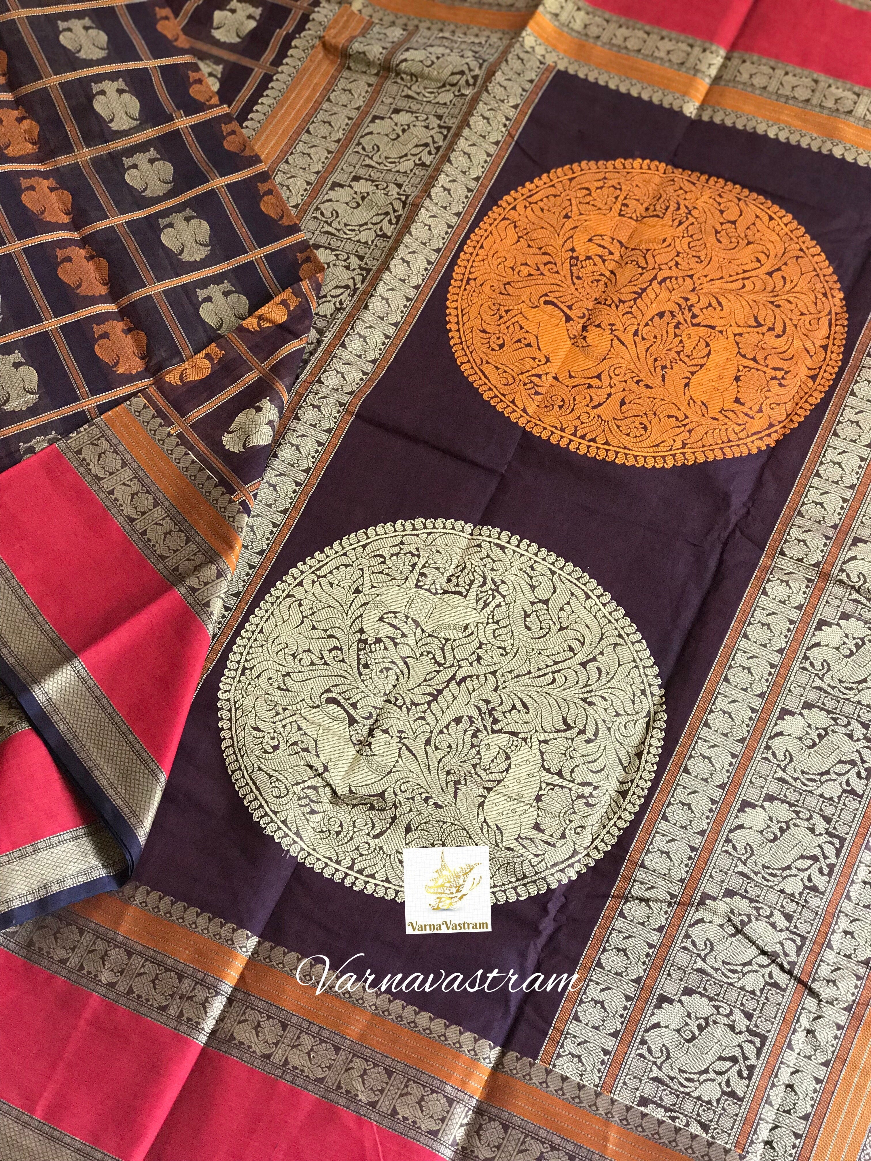 1000 Buttas Gandhaberunda Kanchi silk Cotton Saree