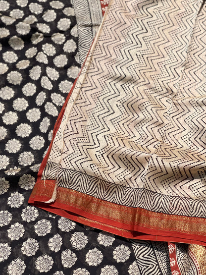 Chanderi silk cotton hand block printed saree with Maheswari border