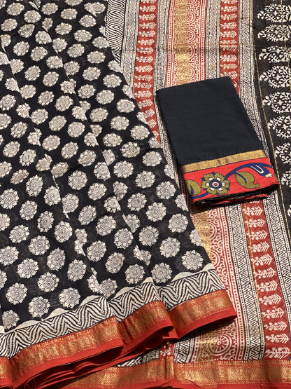 Chanderi silk cotton hand block printed saree with Maheswari border
