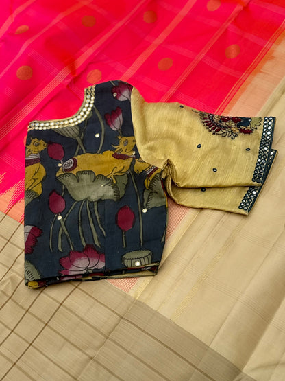 The raw silk tissue gold shade penkalamkari blouse with mirror embroidered work