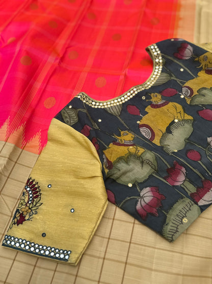 The raw silk tissue gold shade penkalamkari blouse with mirror embroidered work