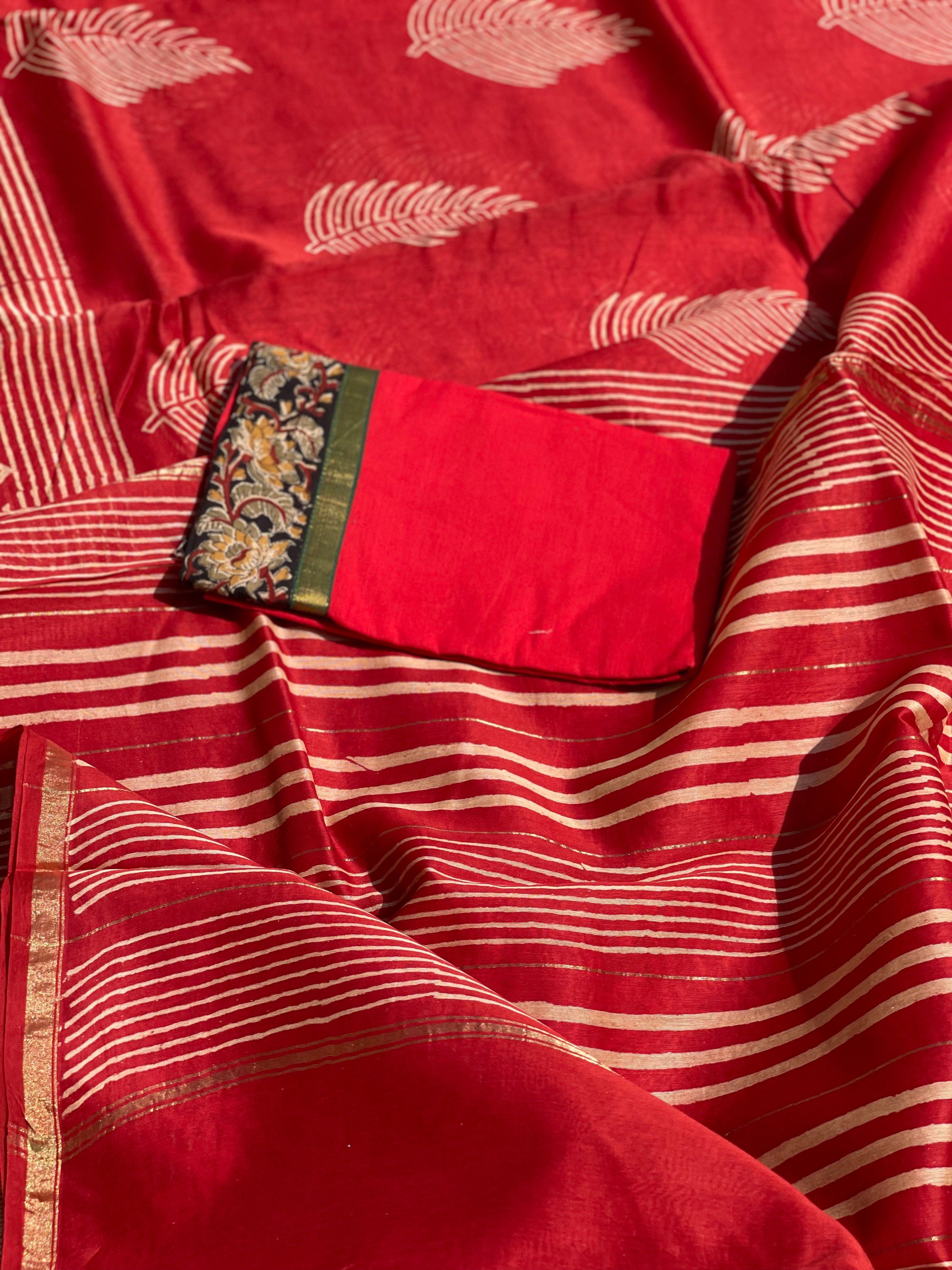 Chanderi Silk cotton hand block printed saree with striped zari border