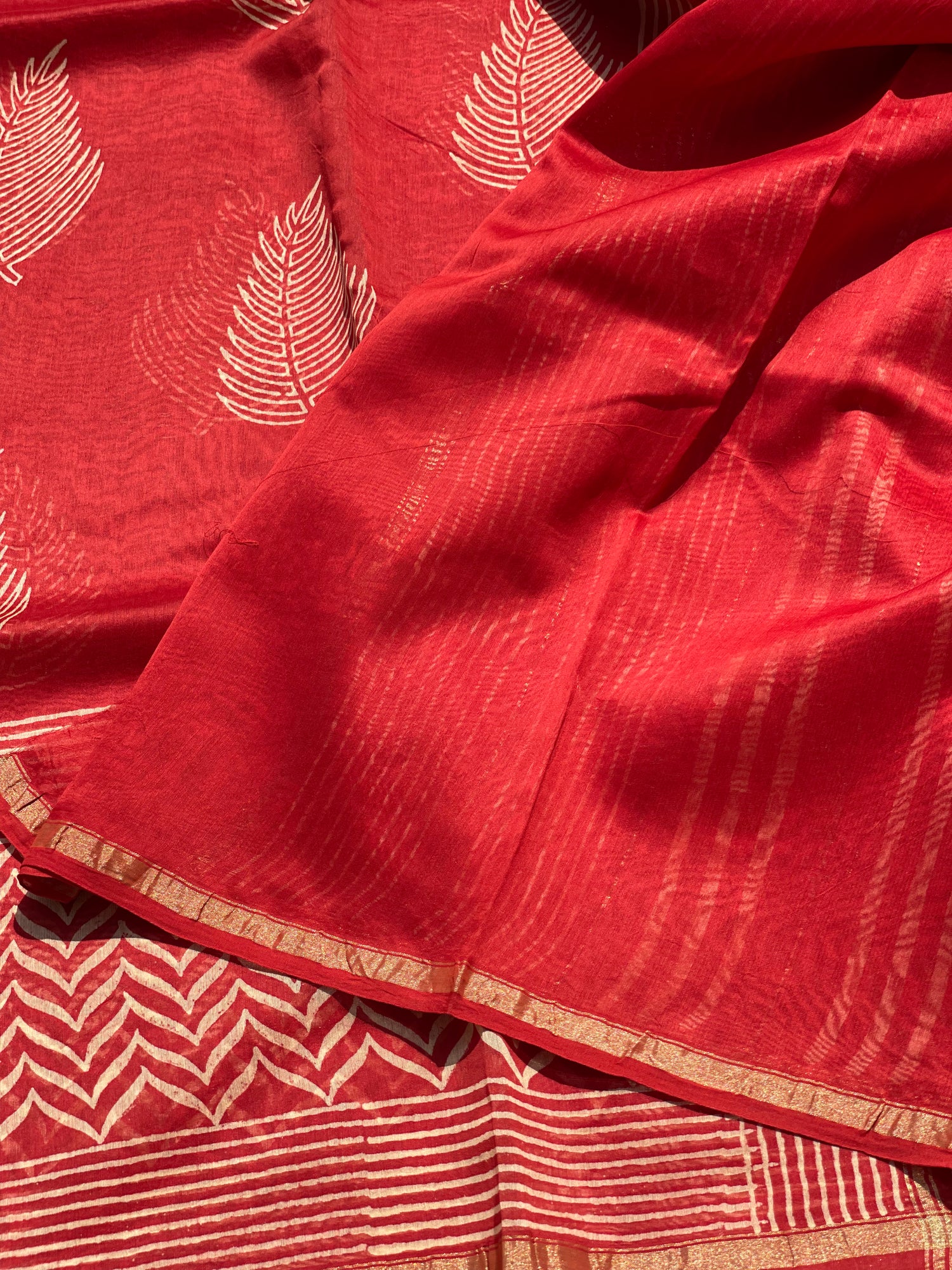 Chanderi Silk cotton hand block printed saree with striped zari border