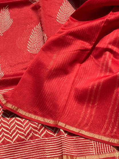 Chanderi Silk cotton hand block printed saree with striped zari border