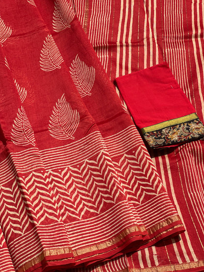 Chanderi Silk cotton hand block printed saree with striped zari border