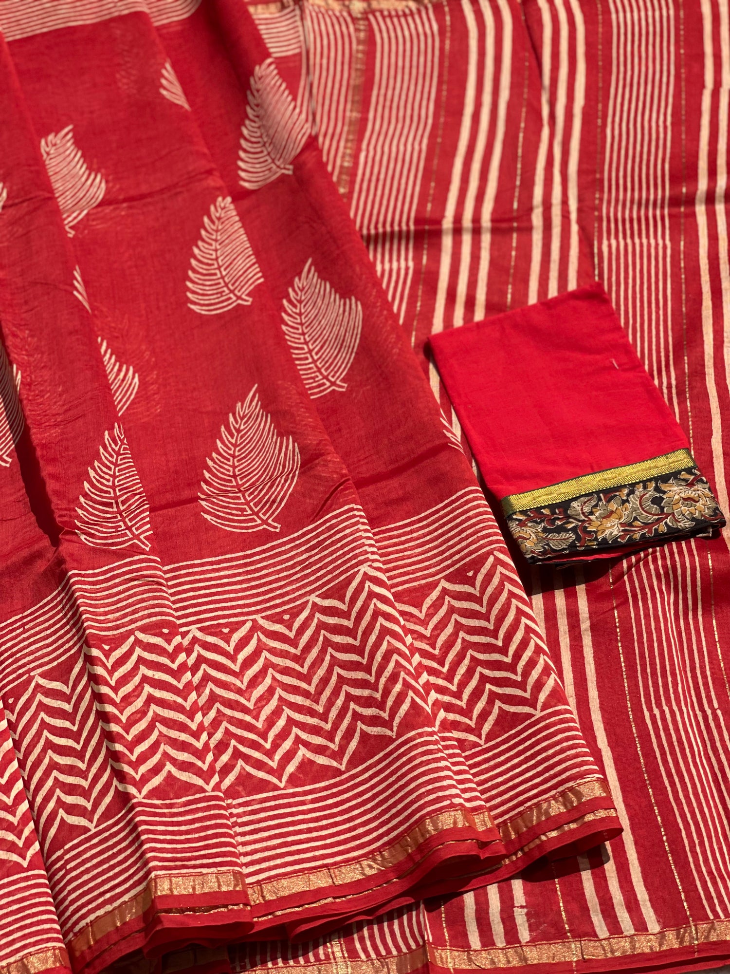 Chanderi Silk cotton hand block printed saree with striped zari border