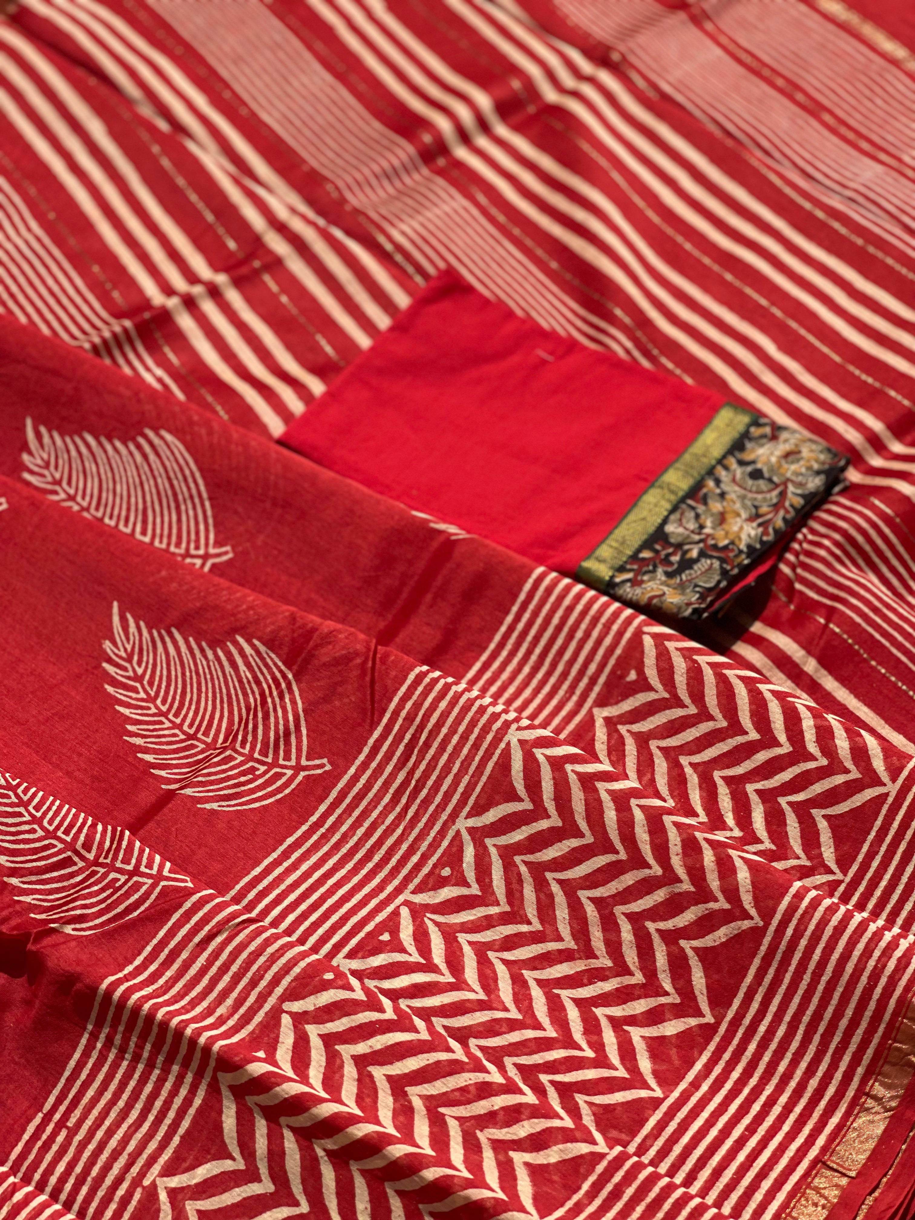 Chanderi Silk cotton hand block printed saree with striped zari border