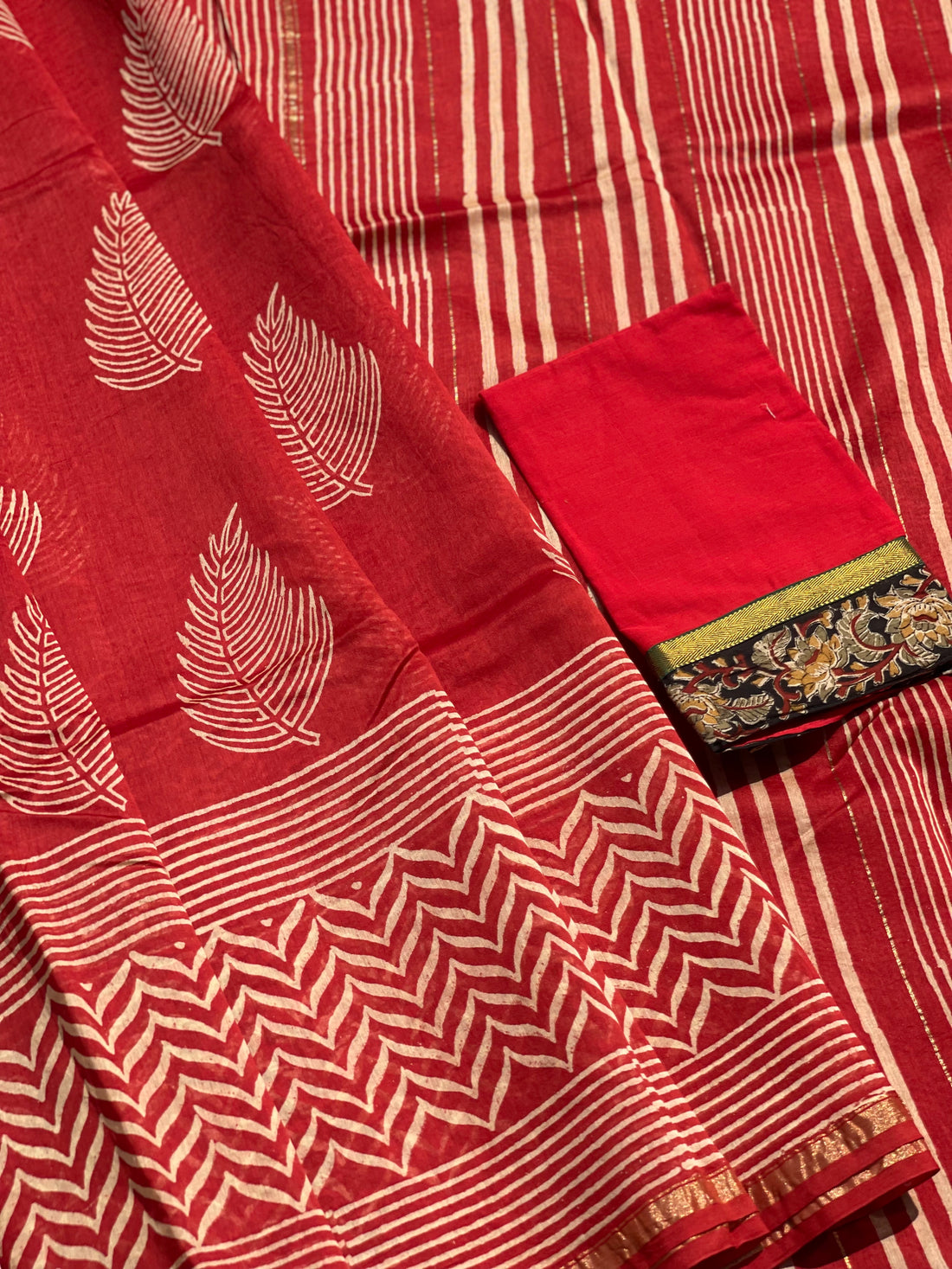 Chanderi Silk cotton hand block printed saree with striped zari border