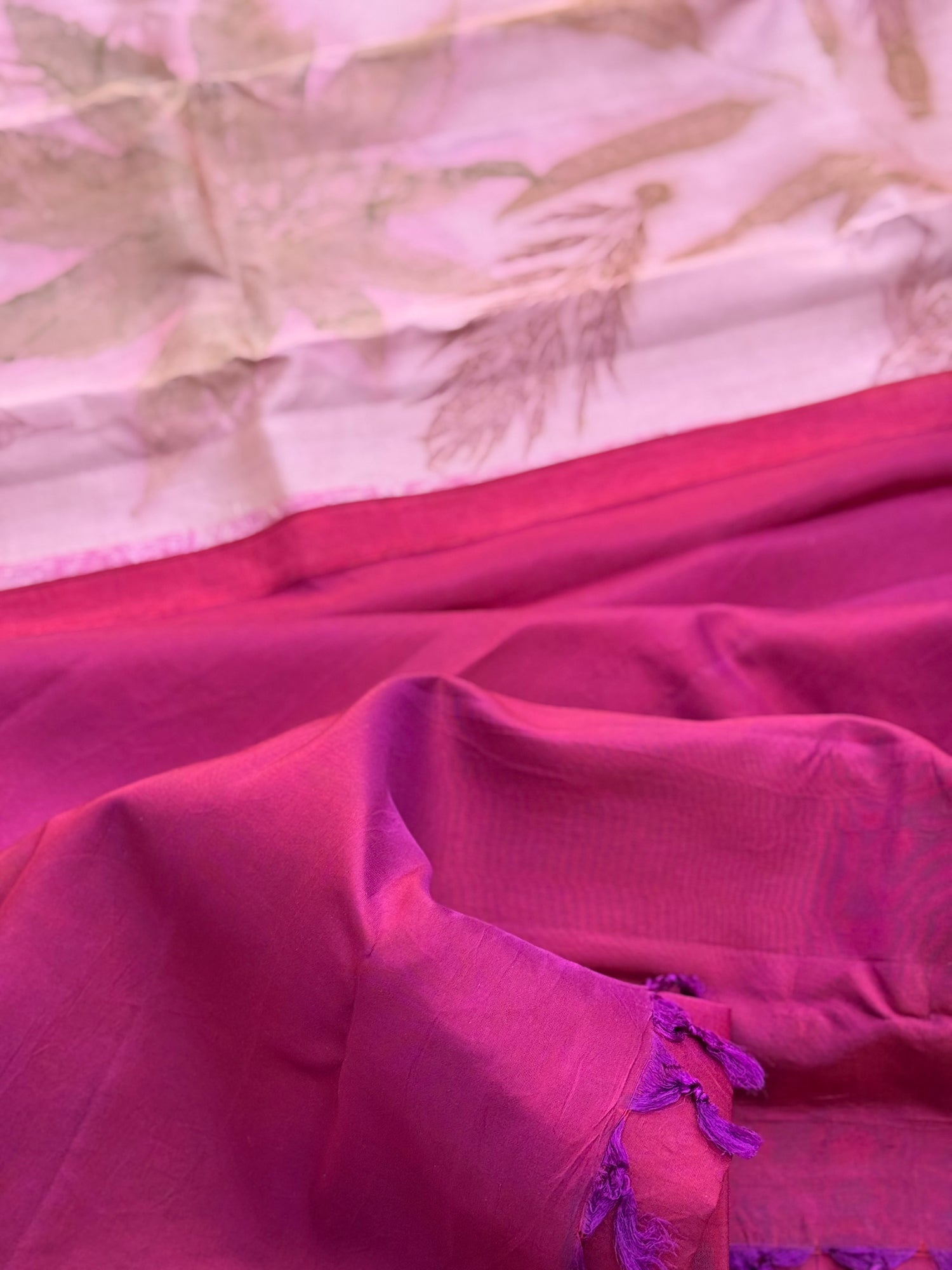 A gorgeous natural ecoprints pink on pink kuttu gadwal silk saree
