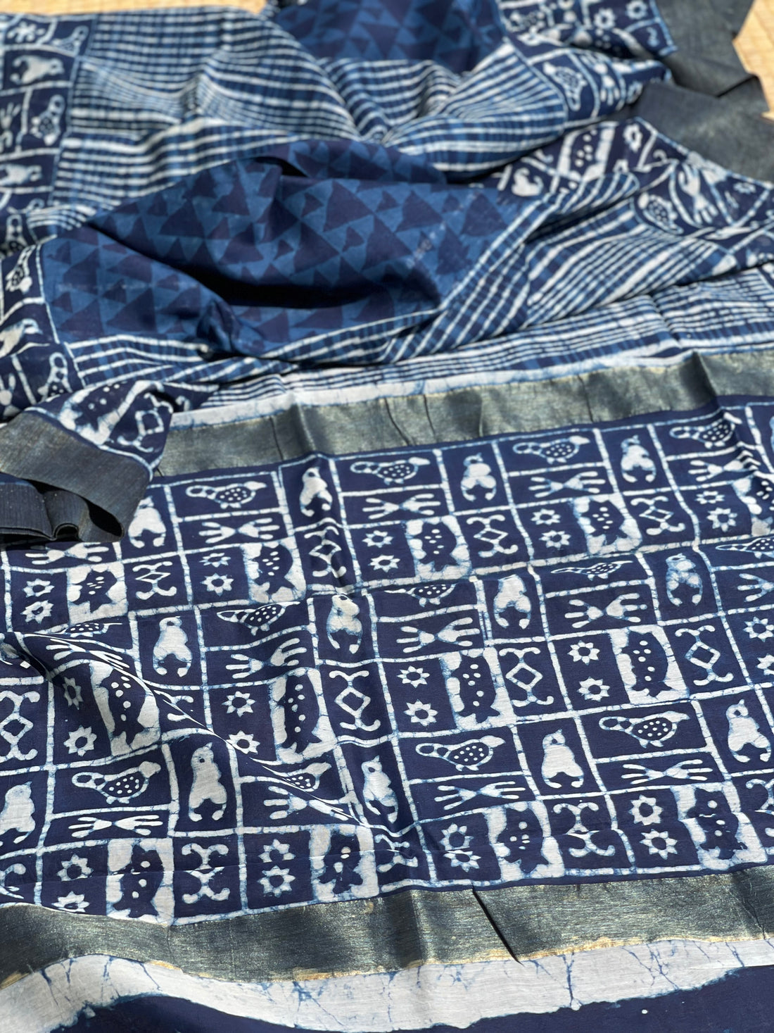 Indigo Chanderi Silk cotton hand block printed saree with ghicha border