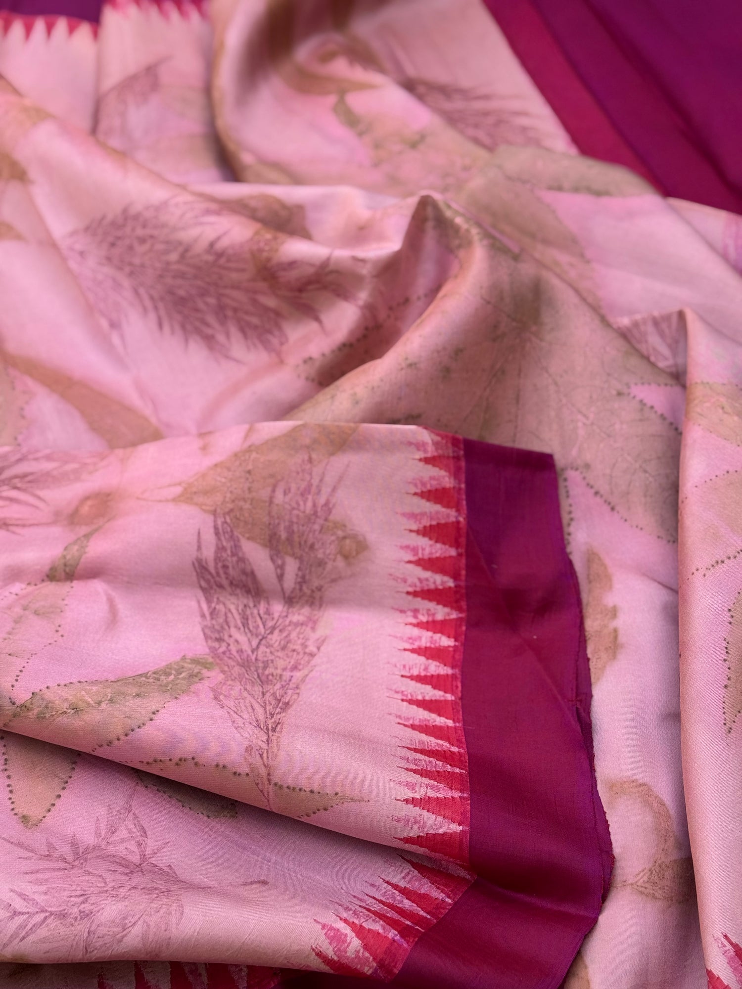 A gorgeous natural ecoprints pink on pink kuttu gadwal silk saree