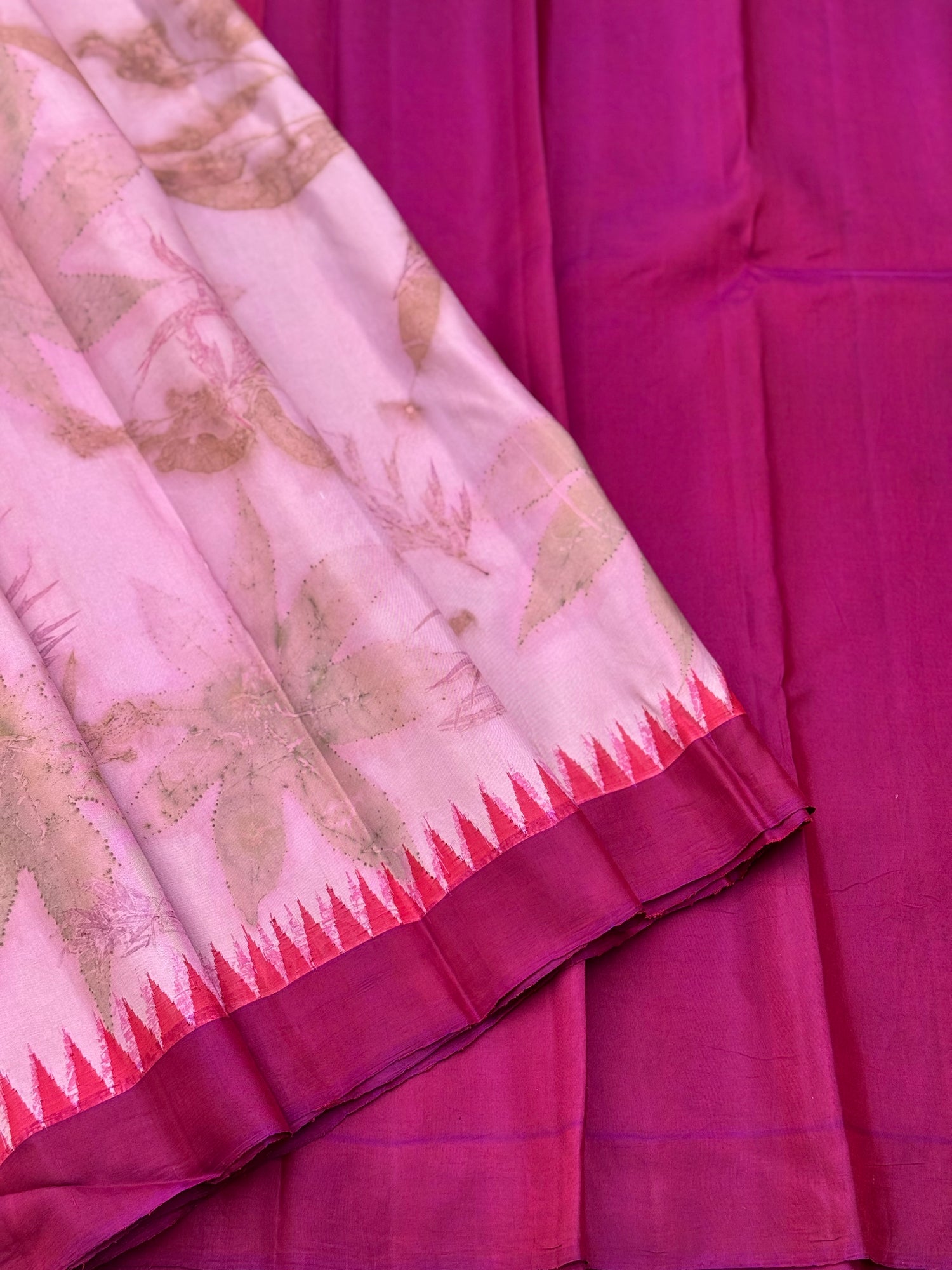 A gorgeous natural ecoprints pink on pink kuttu gadwal silk saree