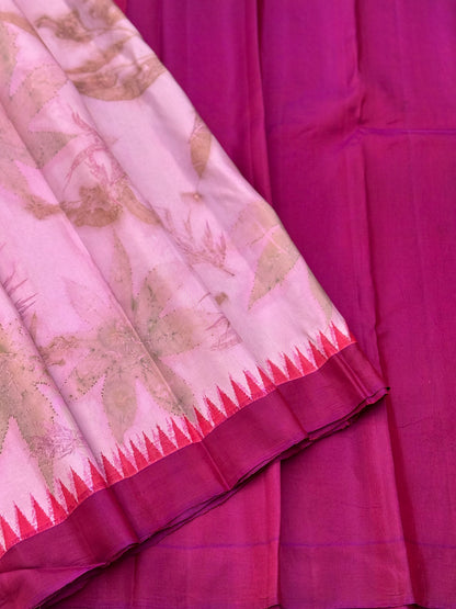 A gorgeous natural ecoprints pink on pink kuttu gadwal silk saree