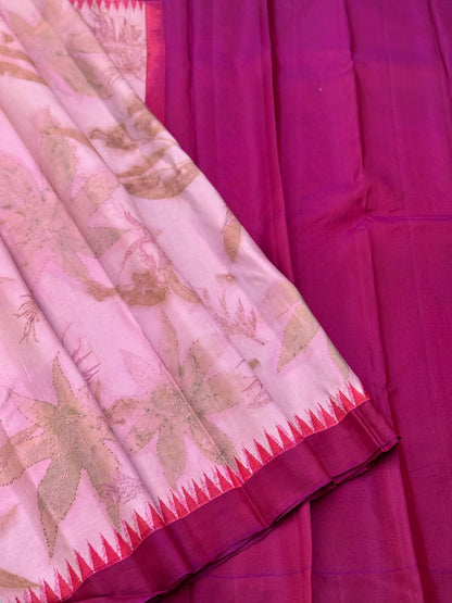 A gorgeous natural ecoprints pink on pink kuttu gadwal silk saree