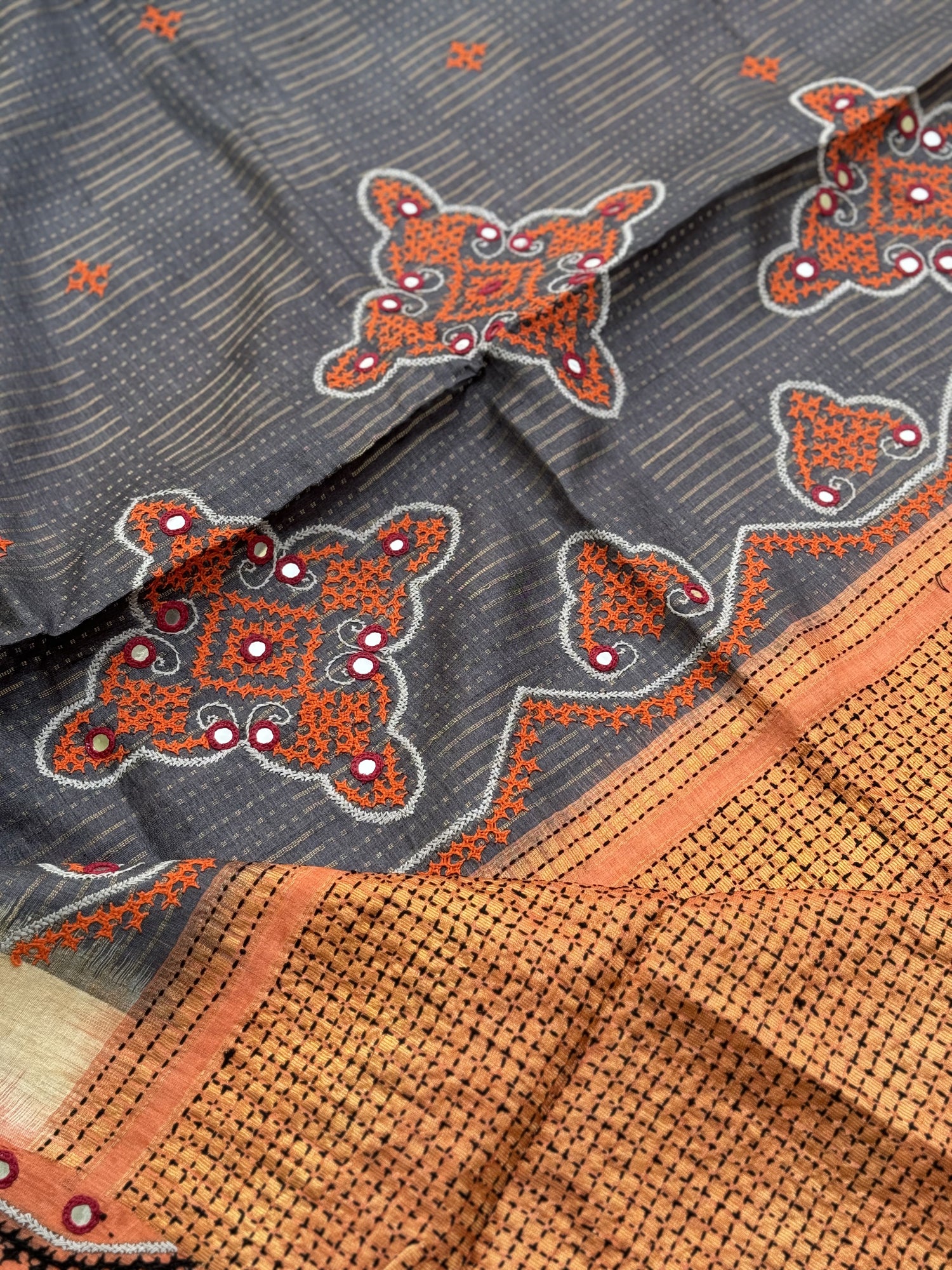 Exclusive Tussar Silk saree with Zari Laden with hand embroidered Kutch Mirrorwork Saree