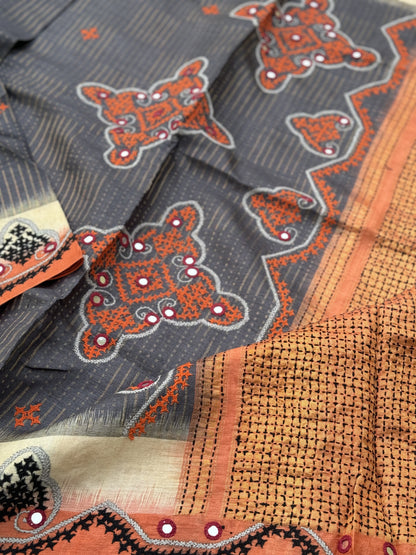 Exclusive Tussar Silk saree with Zari Laden with hand embroidered Kutch Mirrorwork Saree