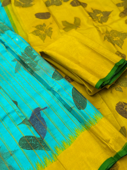 A gorgeous natural ecoprints done on foam blue with yellow kuttu gadwal silk saree