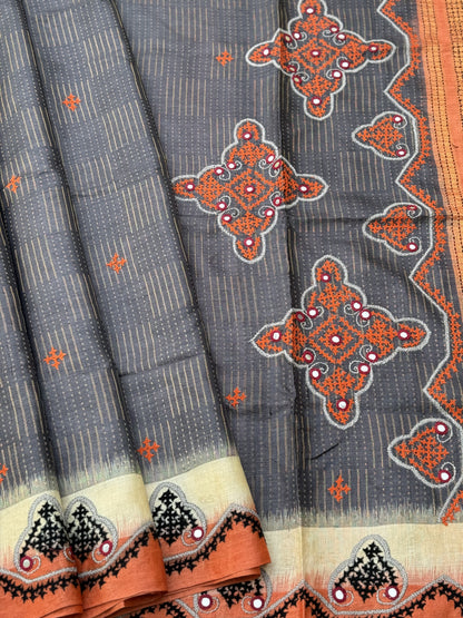 Exclusive Tussar Silk saree with Zari Laden with hand embroidered Kutch Mirrorwork Saree