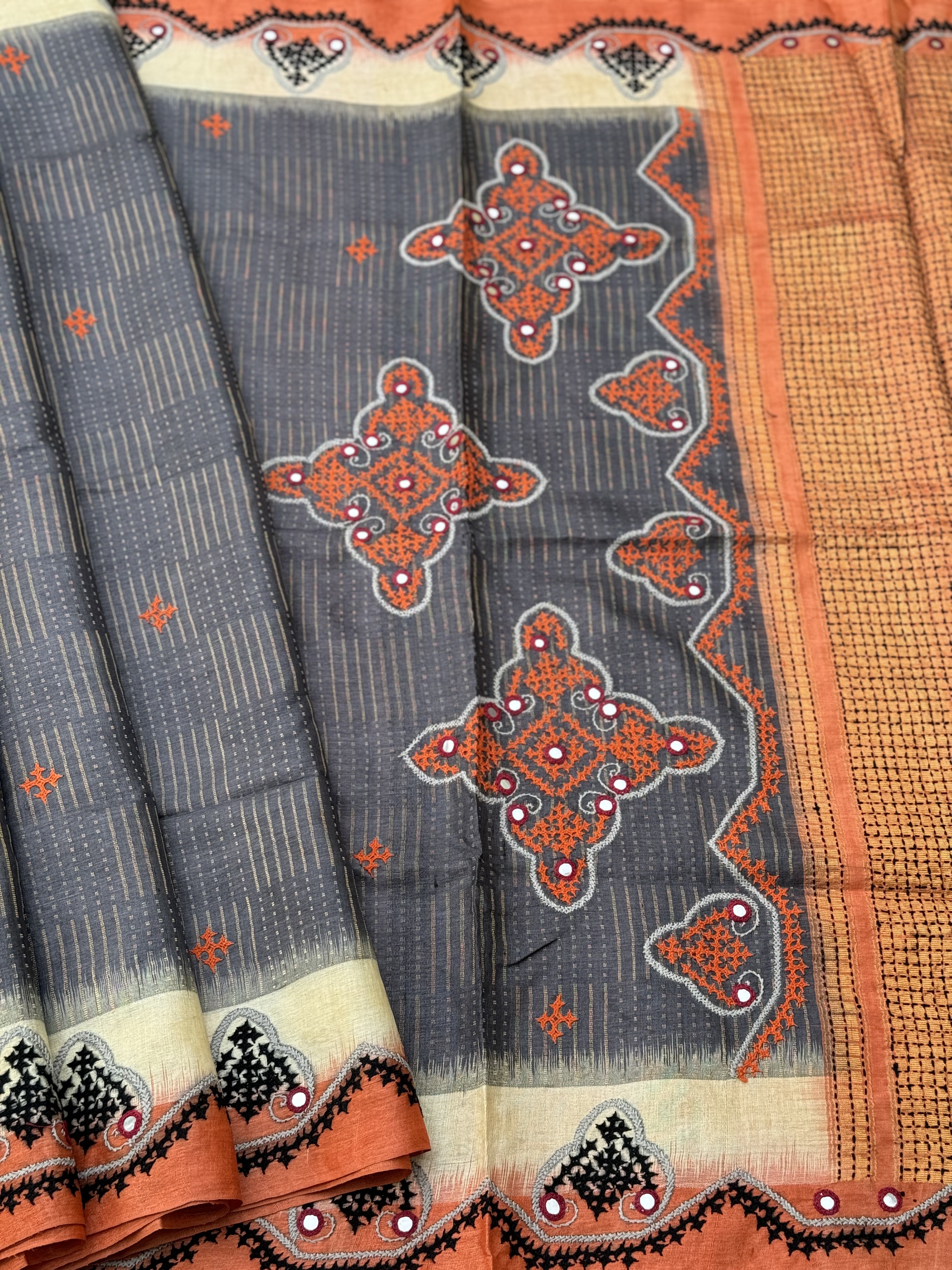 Exclusive Tussar Silk saree with Zari Laden with hand embroidered Kutch Mirrorwork Saree