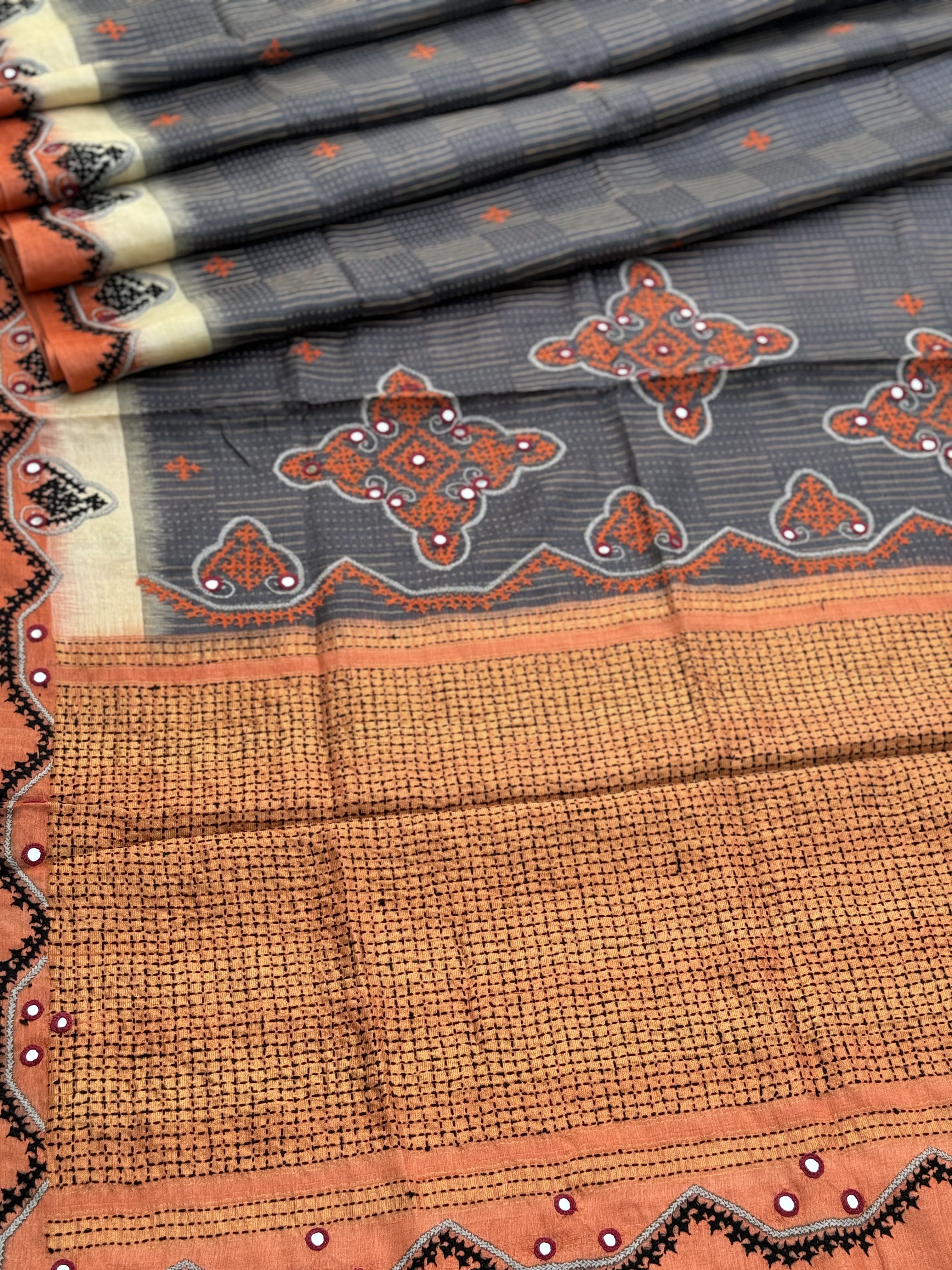 Exclusive Tussar Silk saree with Zari Laden with hand embroidered Kutch Mirrorwork Saree