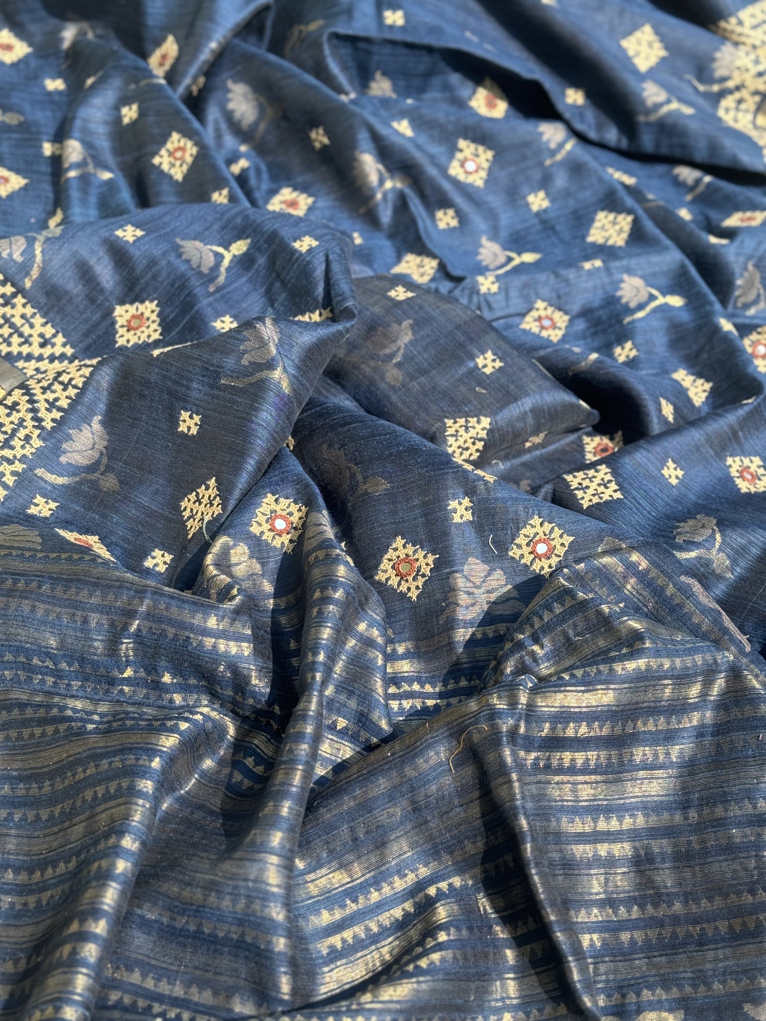 Pure handwoven matka silk saree with kutch mirror embroidered work