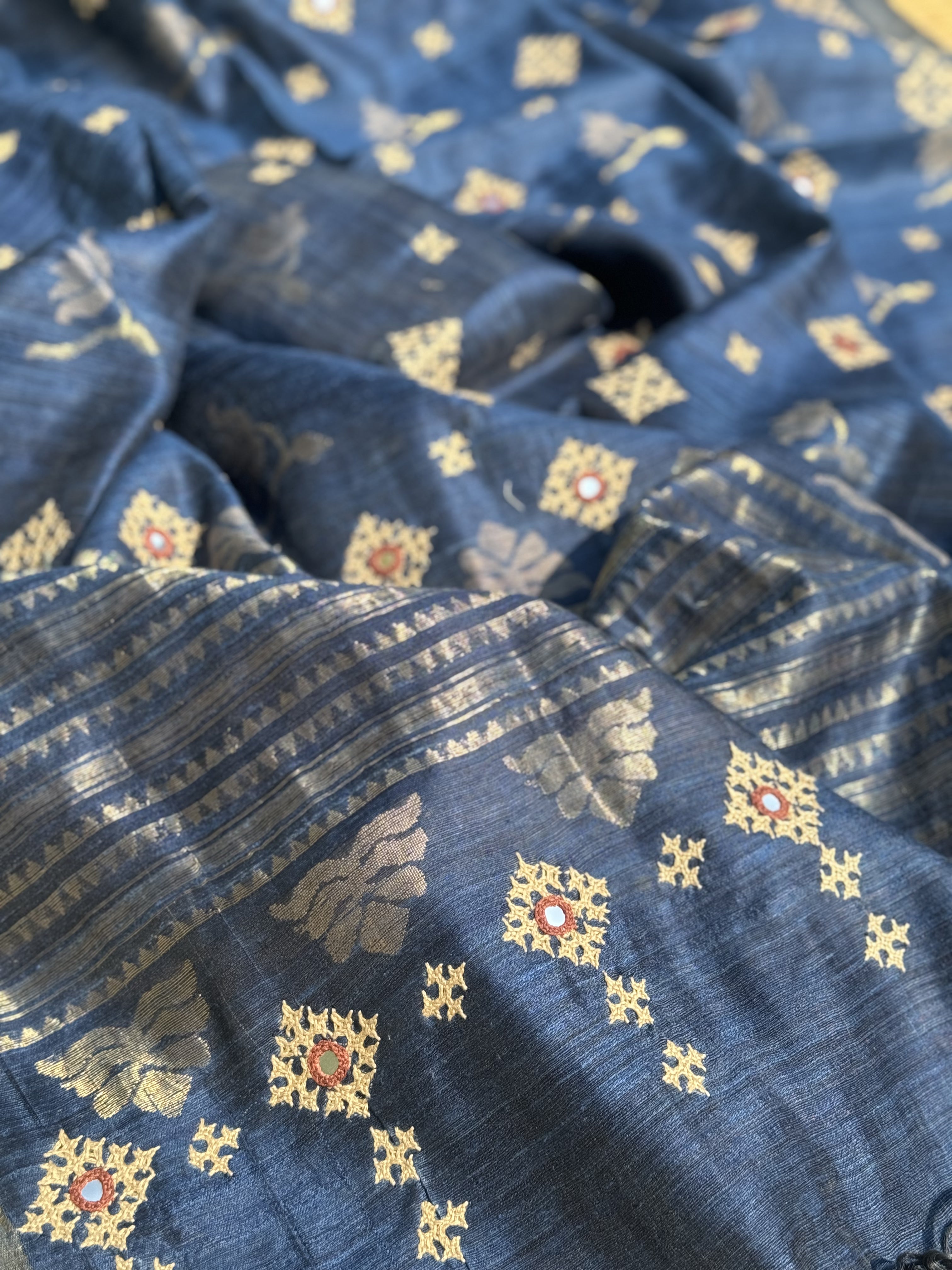 Pure handwoven matka silk saree with kutch mirror embroidered work