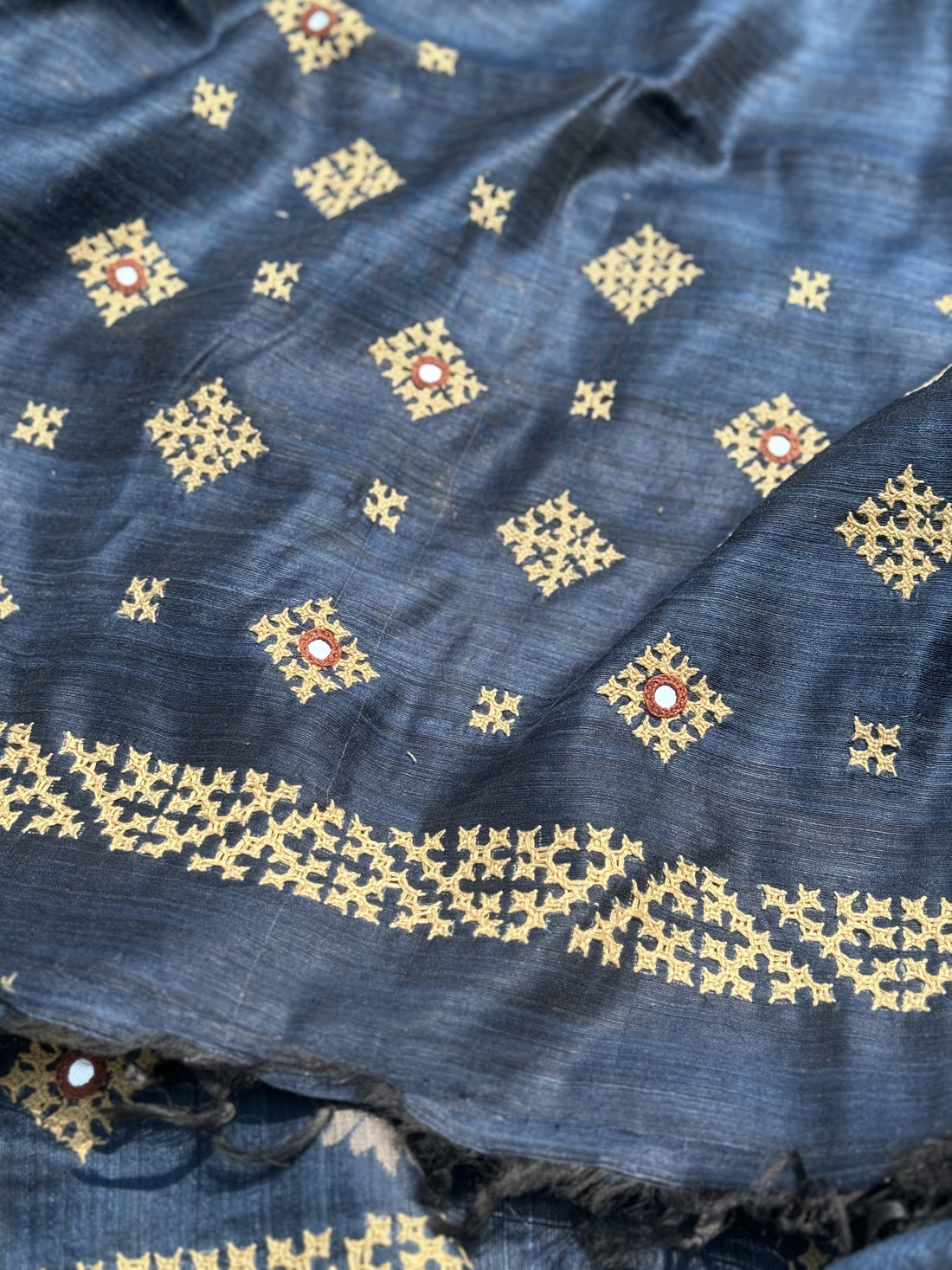 Pure handwoven matka silk saree with kutch mirror embroidered work