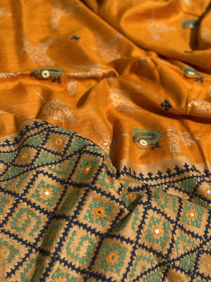 Pure handwoven matka silk saree with kutch mirror embroidered work