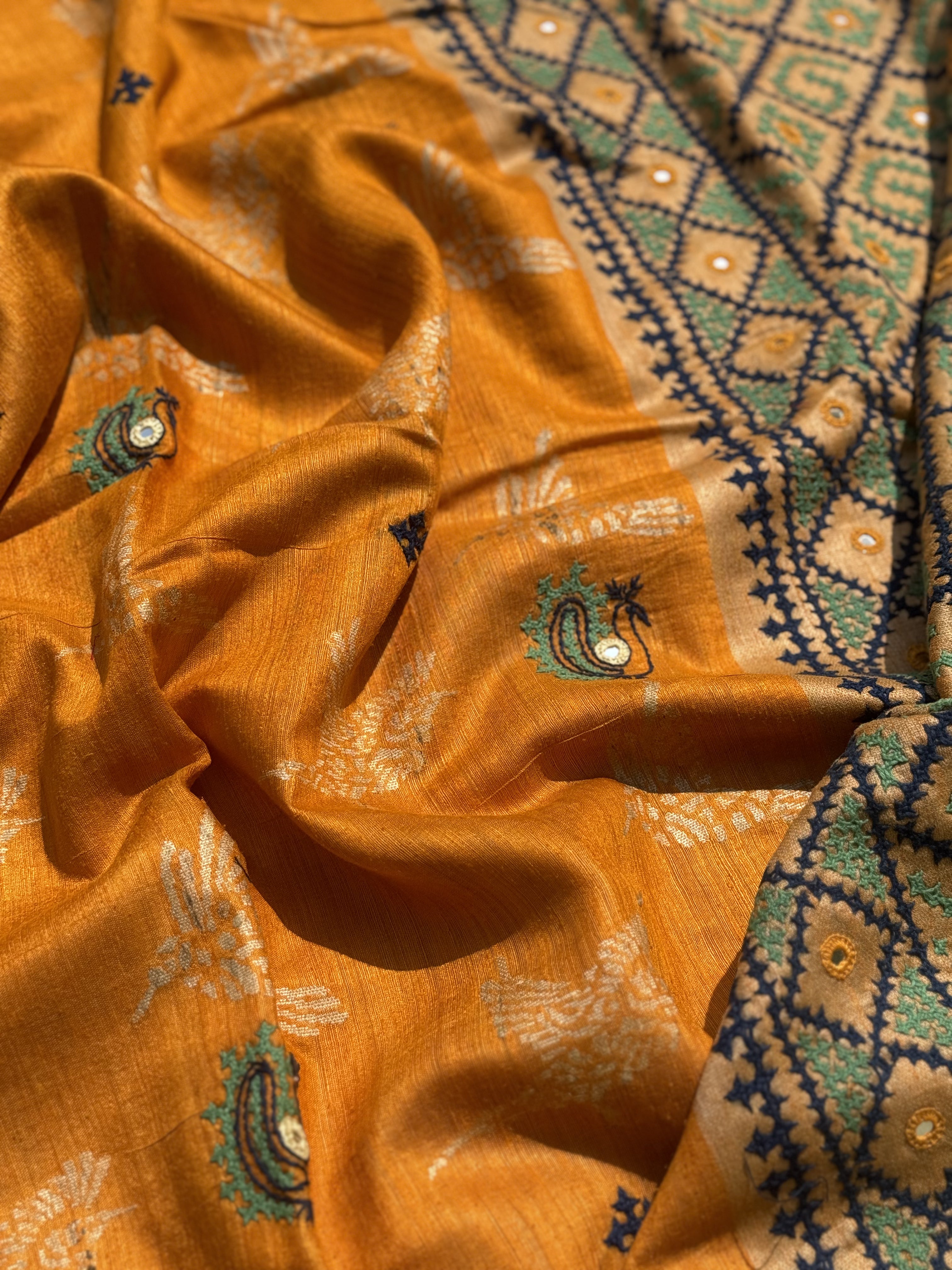 Pure handwoven matka silk saree with kutch mirror embroidered work