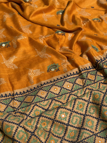 Pure handwoven matka silk saree with kutch mirror embroidered work