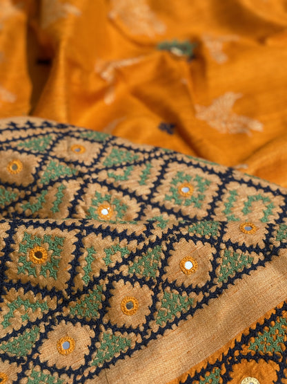 Pure handwoven matka silk saree with kutch mirror embroidered work