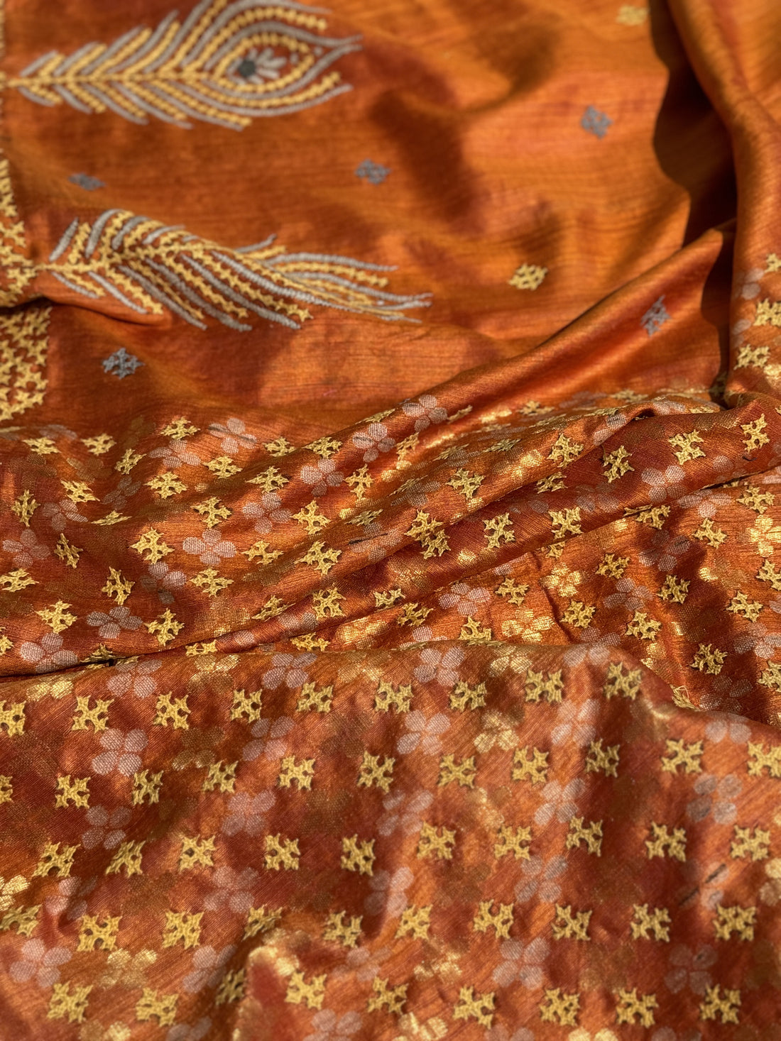 Pure handwoven matka silk saree with kutch mirror embroidered work