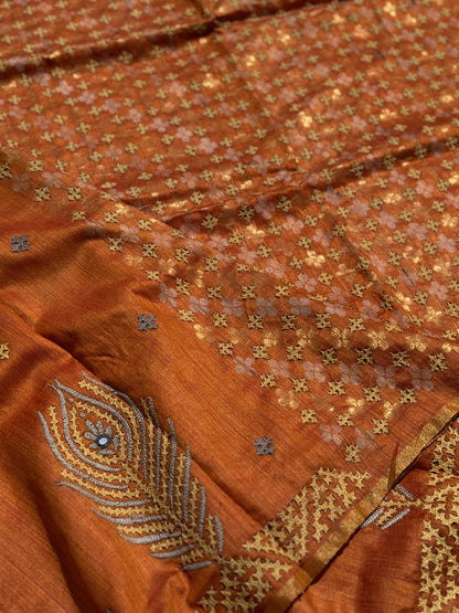 Pure handwoven matka silk saree with kutch mirror embroidered work