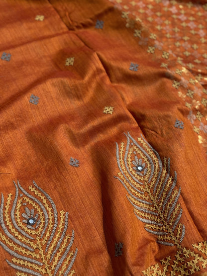 Pure handwoven matka silk saree with kutch mirror embroidered work