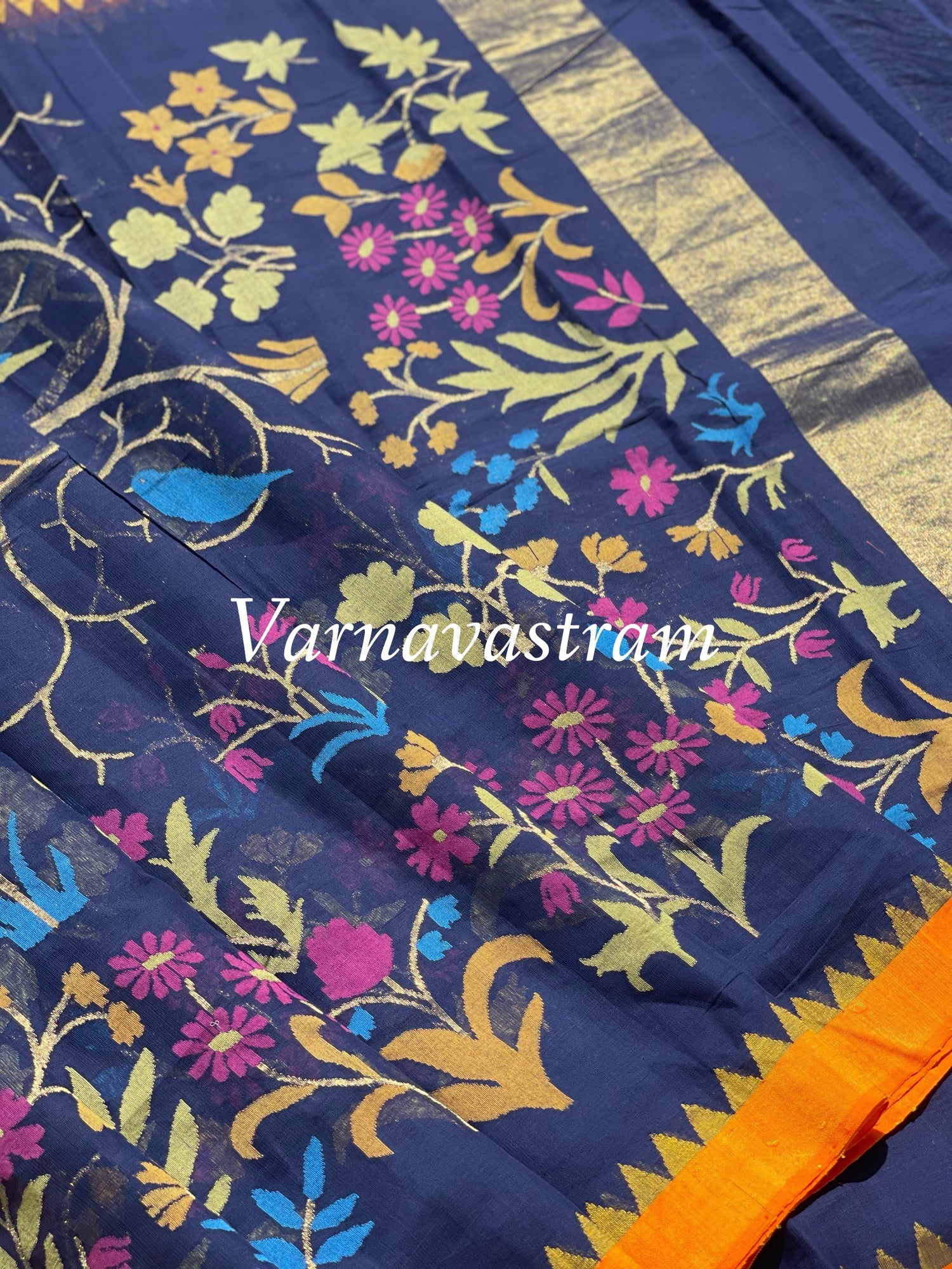 All Over Handwoven Jamdani Midnight Blue With Orange Silk Border Saree